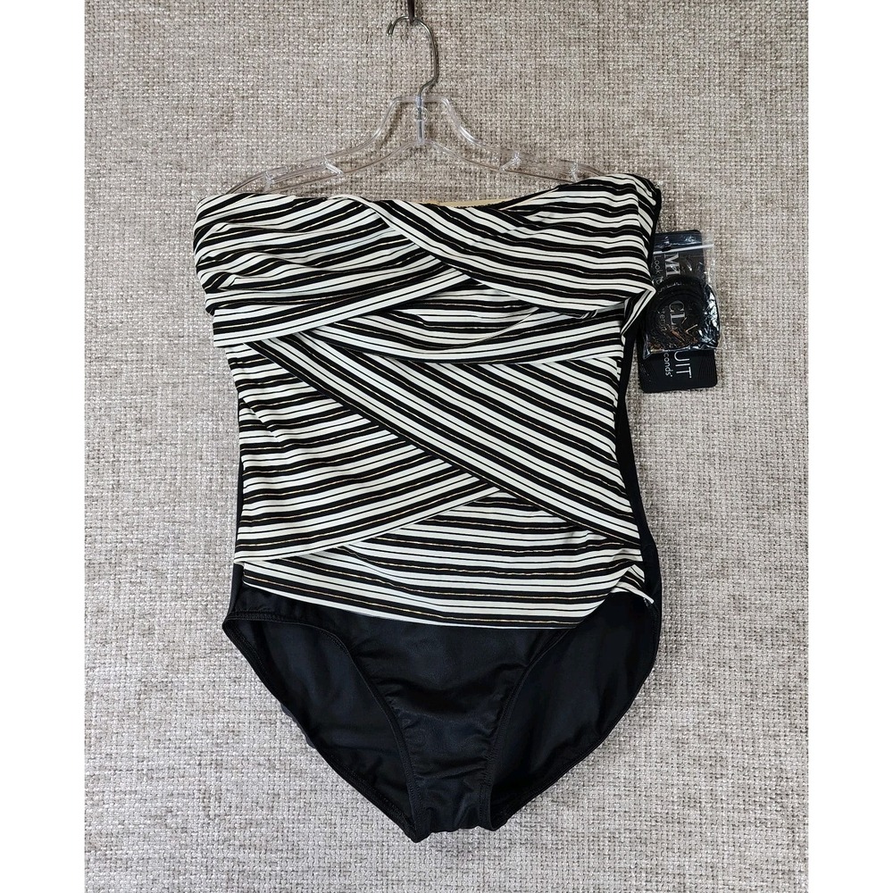 Miraclesuit Muse Bandeau One Piece Swimsuit Womens 16 Black White Gold NEW